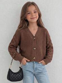 Tween Girls' V-Neck Solid Brown Cable Knit Button Cardigan, Long Sleeve Casual Loose Soft Knit Sweater Jacket, Suitable For Girls' Back To School Daily Autumn Outerwear - Coffee Brown - View 3
