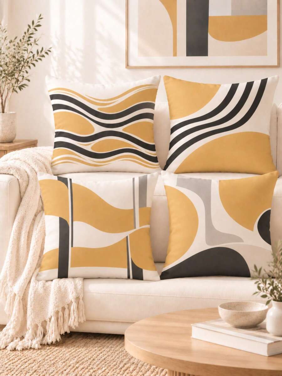 MEMNUN 4pcs Yellow & Black Line Geometric Modern Abstract Wave ...