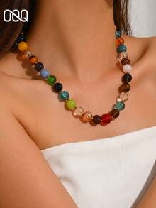 OOQ 1pc Bohemian Style Colorful Asymmetrical Round Glass Beaded Necklace, Elegant Personalized Sexy Collarbone Chain, Suitable For Daily Wear, Commuting, Dating, Valentine's Day, Mother's Day Gift For Lover And Mom - Colorful - View 6