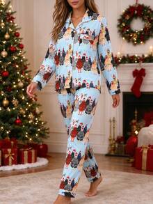 2 Pieces Women's Long Sleeve Pajama Set, Christmas Cartoon Chicken Family Pattern, Gift 2-Piece Set, Lapel Button Long Sleeve, Loose Elastic Long Pants, Suitable For All Seasons, Home Wear, Outdoor Wear, Comfortable And Loose, New Full Print Pattern - Baby Blue - View 8