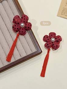 2pcs Red Flower Tassel Hair Clips, Sweet Style Hair Accessories Suitable For Daily Wear - Multicolor - View 5