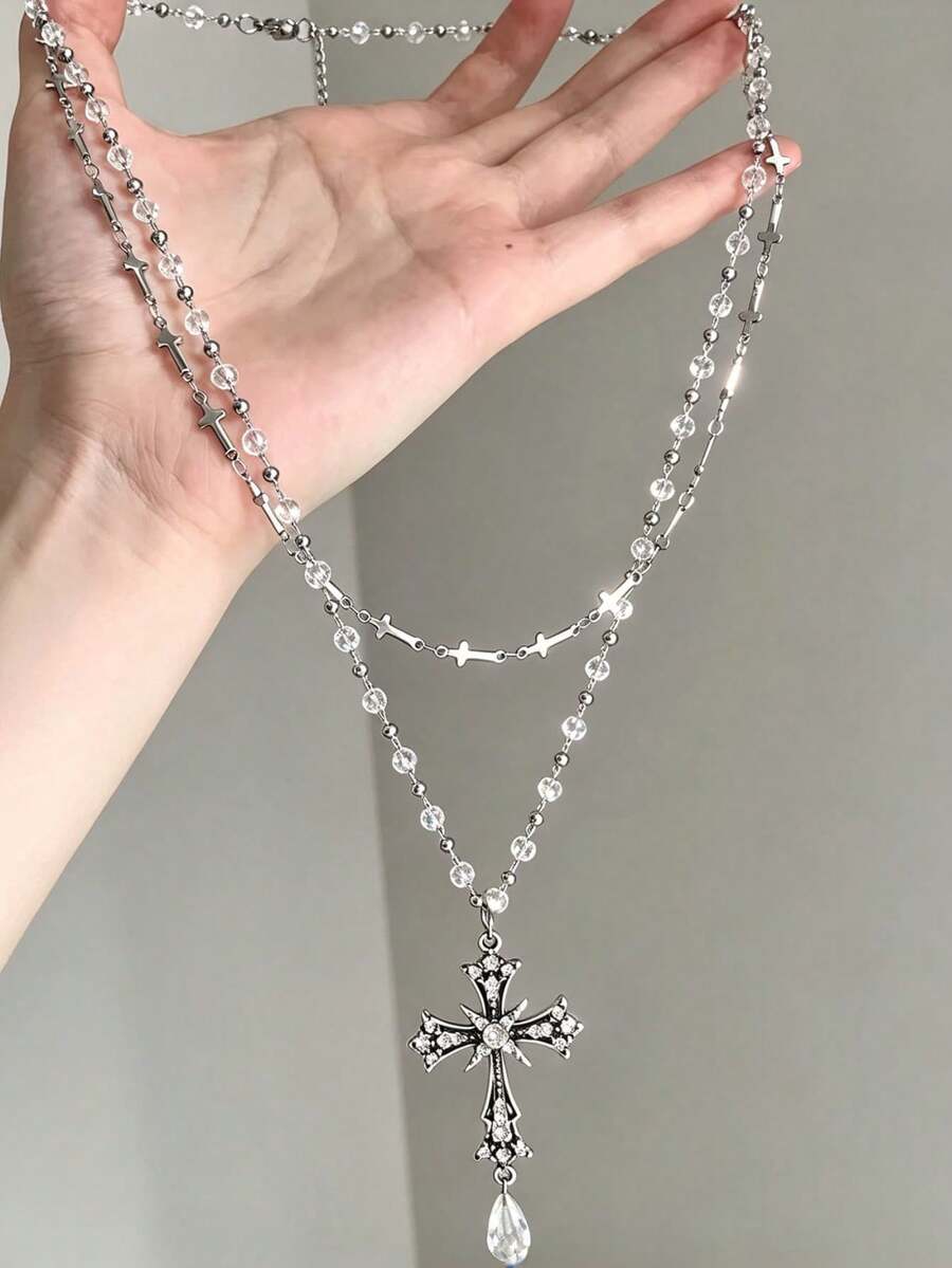 1pc Y2K Gothic Double Layer Crystal Bead Cross Rhinestone Water Drop Pendant Necklace, Layerable For Women And Girls, Punk Streetwear, Nightclub Party, Daily Dating, Hip Hop Dark Style Neck Accessory - Cross Pendant Necklace - View 1