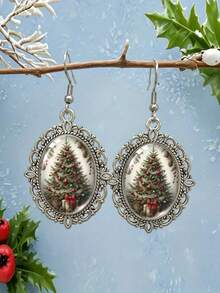 1pair Christmas Tree Oval Glass Dome Dangle Earrings, Retro Ornate Frame Hook Drop Earrings, Winter Holiday Party Jewelry Gift For Women - Silver - View 6