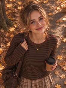1pc Women's Striped Long Sleeve Crew Neck Sweatshirt, Loose Casual Pullover, Soft Lightweight Basic Top - Multicolor - View 2