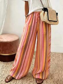 Women's Colorful Striped Drawstring Wide Leg Long Pants, Elastic Waist Loose Full Length Fit, Suitable For Casual Daily Wear - Multicolor - View 3