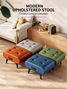 Multi-Color PU Leather Upholstered Ottoman, Button Tufted Rectangle Foot Stool With Carry Handle & Solid Wood Legs, Soft High-Density Sponge Padded, Multi-Purpose Footrest Vanity Stool, Living Room Bedroom Entryway Decor, Christmas Housewarming Gift - Multicolor - View 2