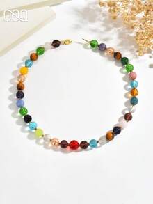 OOQ 1pc Bohemian Style Colorful Asymmetrical Round Glass Beaded Necklace, Elegant Personalized Sexy Collarbone Chain, Suitable For Daily Wear, Commuting, Dating, Valentine's Day, Mother's Day Gift For Lover And Mom - Colorful - View 4
