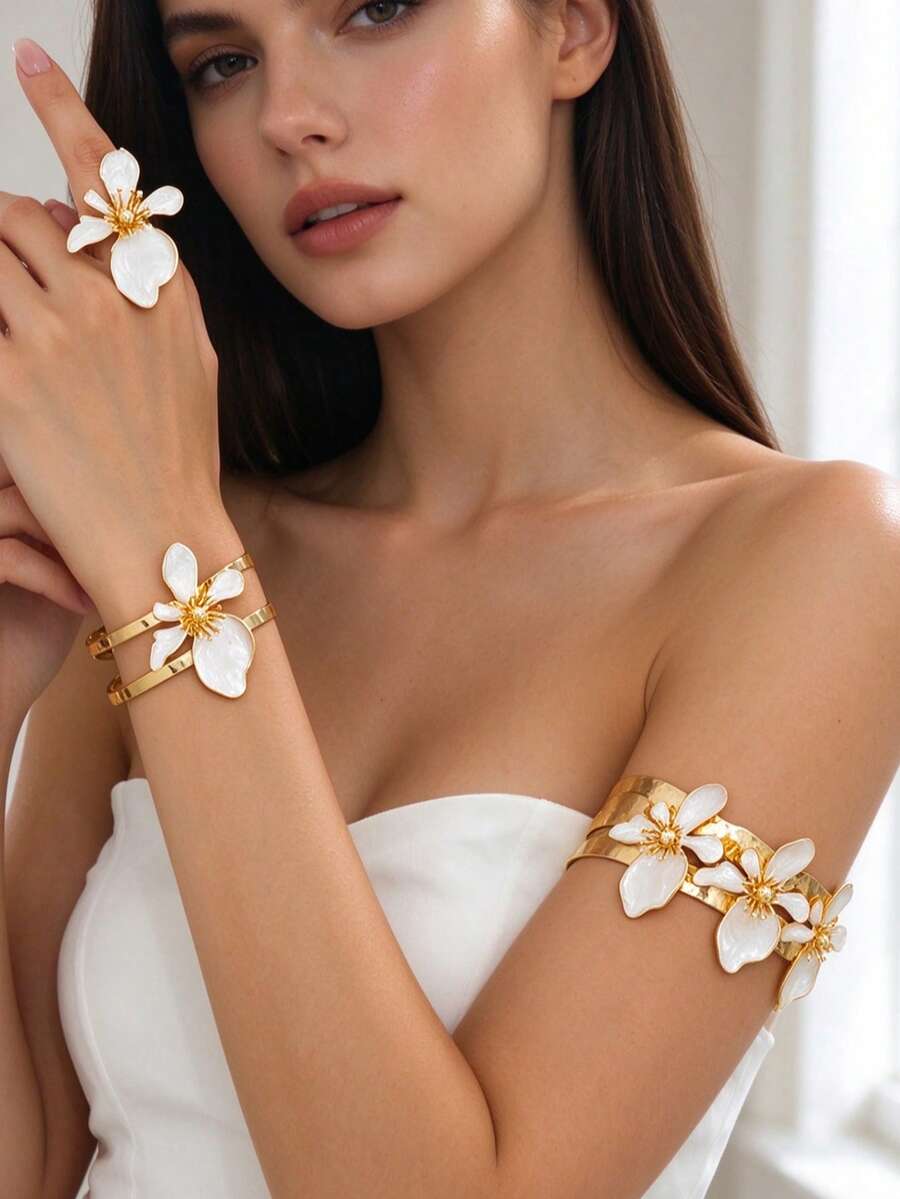 時尚復古幾何 3D 花朵水鑽女款飾品 宴會禮物 - 白色 - 查看 1