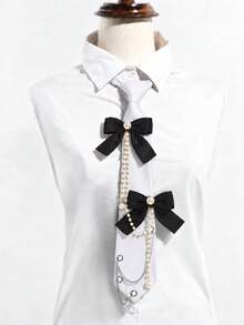 1pc Women's Bow, Pearl Pendant Metal Chain Decor, Vintage Girl Style Set, Holiday Performance Costume Accessory - Multicolor - View 15