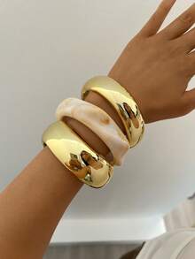 3pcs/1pc Vintage Exaggerated Elegant Wide Gold Resin Bracelet, Lightweight Luxury Stackable Bangle, Suitable For Party And Daily Wear, Gift - Gold - View 3