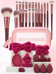 41 Pcs/20 Pcs Makeup Tool Set, 20 Wine Red Rose Gold Tri Color Makeup Brushes And 20 Wine Red Accessories Plus 1 Medium Handbag. Wet And Dry Tools Deliver Smooth Base Makeup. The Storage Bag Organizes All Tools Neatly For Travel. - Multicolor - View 1
