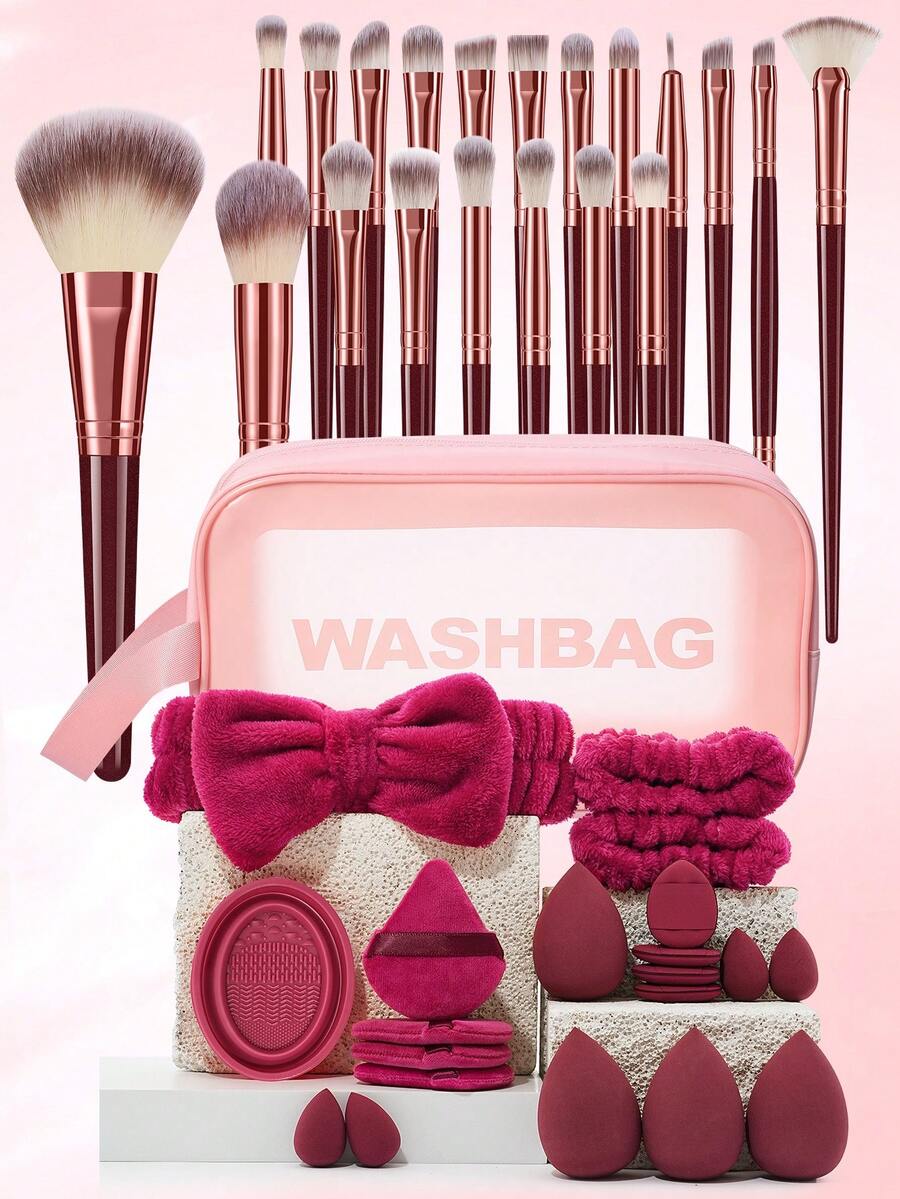 41 Pcs/20 Pcs Makeup Tool Set, 20 Wine Red Rose Gold Tri Color Makeup Brushes And 20 Wine Red Accessories Plus 1 Medium Handbag. Wet And Dry Tools Deliver Smooth Base Makeup. The Storage Bag Organizes All Tools Neatly For Travel. - Multicolor - View 1