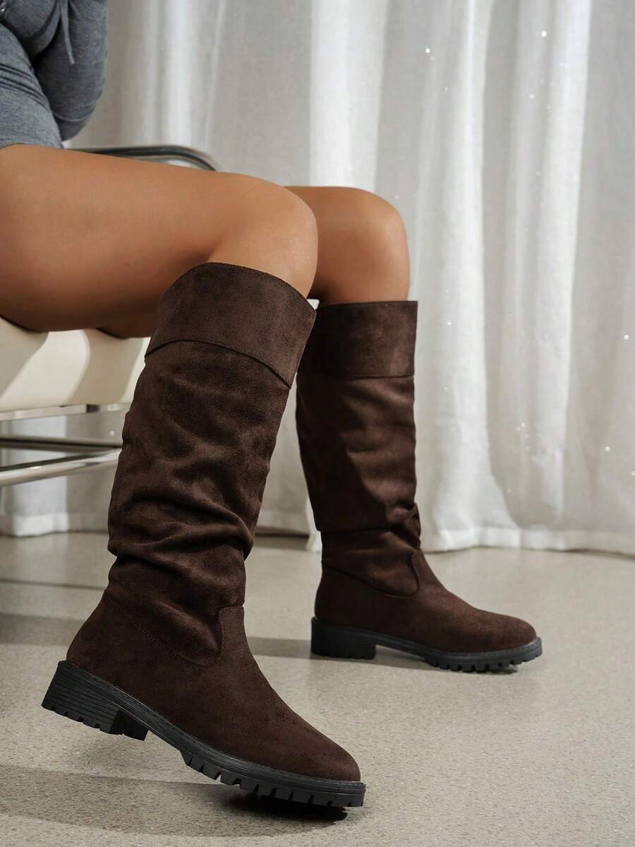 Autumn/Winter New Women's Fashion Knee-High Riding Boots, Round Toe, Chunky Heel, Vintage British Style, Pleated Thick Sole, Plus Size Tall Boots - Brown - View 1