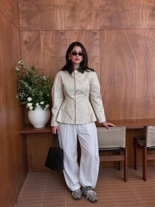 Women's Colorblock Lapel Casual Daily Commute Office Single-Breasted Button-Front Waist-Cinching Trench Coat Jacket - Champagne - View 3