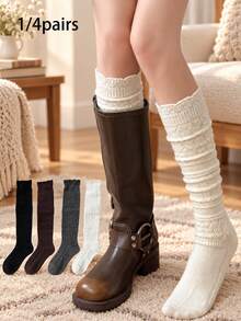 1/4 Pairs Women's Cable-Knit Knee-High Socks, Lace Frill-Trim Stacked Boot Socks For Vintage Outfits, Tall Boots, Fall & Winter Wear - Multicolor - View 2