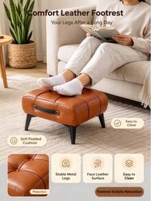 Multi-Color PU Leather Upholstered Ottoman, Button Tufted Rectangle Foot Stool With Carry Handle & Solid Wood Legs, Soft High-Density Sponge Padded, Multi-Purpose Footrest Vanity Stool, Living Room Bedroom Entryway Decor, Christmas Housewarming Gift - Multicolor - View 3