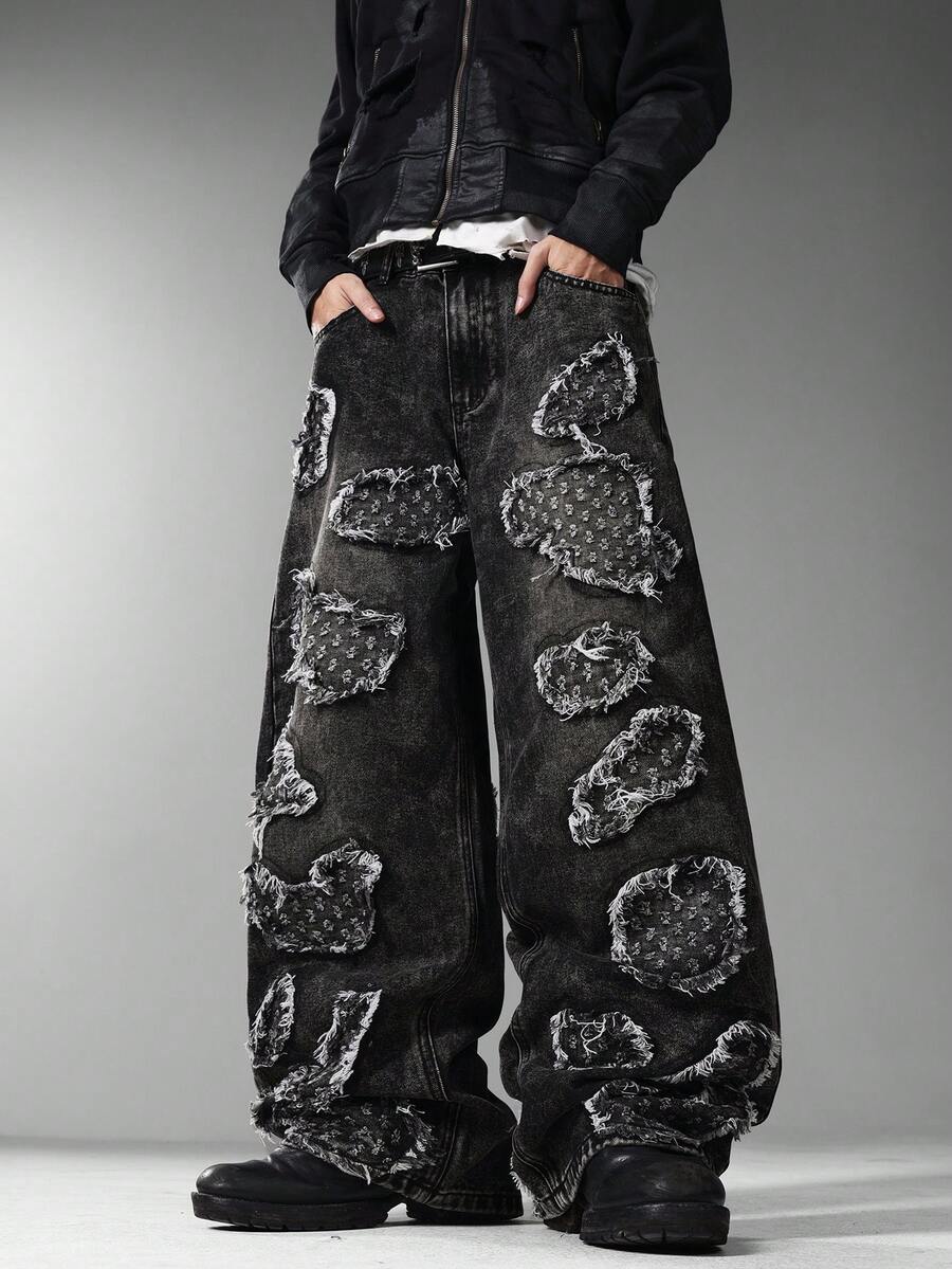 Men's Korean College Style Wide Leg Jeans, Unique Patch Embroidery, Fashion Commuter All-Season Long Pants (No Belt & Accessories Included) - Black - View 1