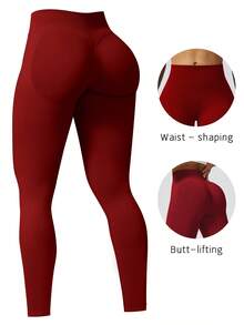 1pc Women's Solid Color Ribbed High Waist Seamless Elastic Outdoor Sports Long Pants, Yoga Fitness Running Outdoor Exercise Pants Red - Red - View 1