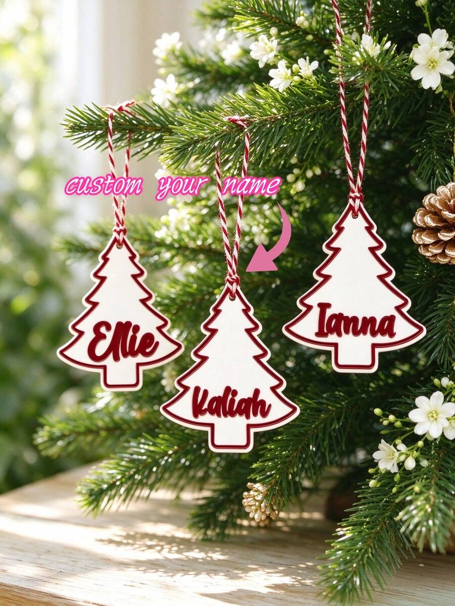 1pc Personalized Christmas Tree Acrylic Name Tag, Custom Script Name Ornament, Red And White Cotton Rope Hanging Gift Label, Christmas Tree Decor, Gift Bag Tag, Backpack Charm, Holiday Party Supplies, Unique Christmas Gift For Family And Friends - Multicolor - View 1
