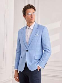 Officeau Men's Blue Plaid Single-Breasted Suit Set, Slim Fit Blazer & Trousers For Business Casual, Daily Wear, Parties, Banquets & Prom - Blue - View 1