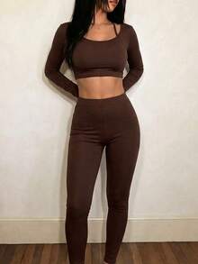 Women's Autumn/Winter Solid Color Long Sleeve Halter Neck Low Cut Cropped Top And Slimming Casual Pants Set - Brown - View 4