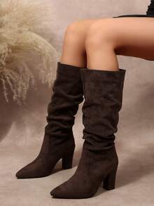 Women's Ruched Design Suede Pointed Toe Chunky High Heel Knee-High Boots Solid Color Elegant Autumn/Winter Style Suitable For Dating Party Commuting Shopping - Coffee Brown - View 7