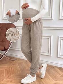 Bump Style Maternity High Elasticity Khaki Joggers: High Waist Belly Support, Suitable For Work, Casual And Daily Activities - Khaki - View 3