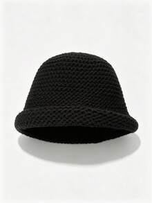 1pc New Autumn/Winter Women's Bucket Hat, Premium Feel, Face-Slimming, Versatile Solid Color Knitted Rolled Edge Woolen Bucket Hat - Black - View 1