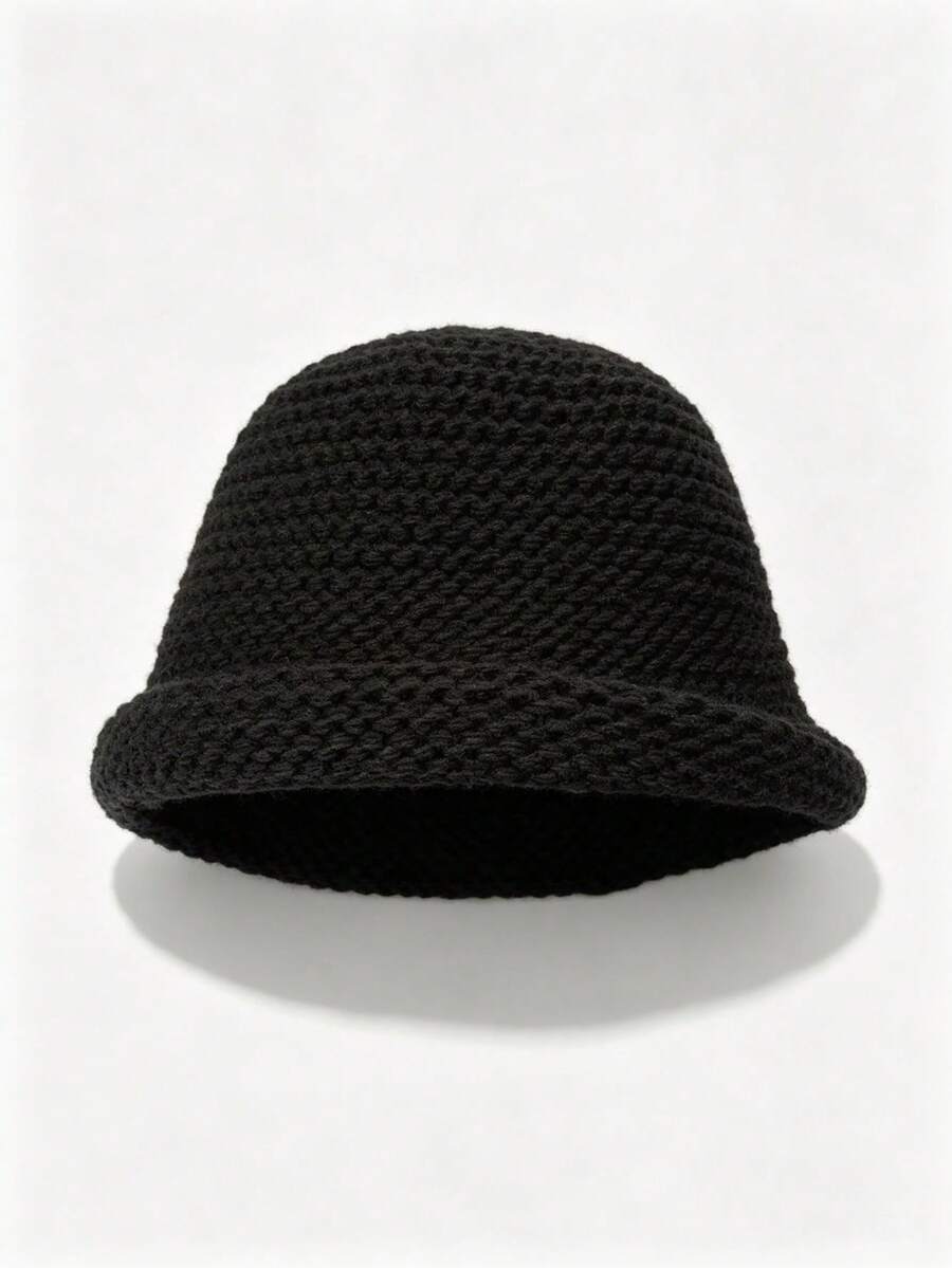 1pc New Autumn/Winter Women's Bucket Hat, Premium Feel, Face-Slimming, Versatile Solid Color Knitted Rolled Edge Woolen Bucket Hat - Black - View 1