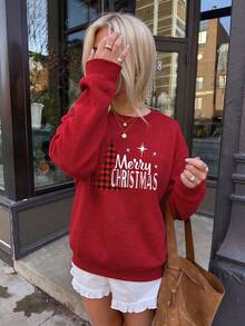 Women's Cute Christmas Happy Letter Red Plaid Tree Pattern Sweatshirt, Winter Holiday Long Sleeve Crew Neck Ribbed Knit Pullover - Red - View 1