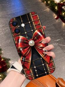 1pc 2D Printed Christmas Plaid Bow Pattern, Popular Creative Premium Design, Waterproof Durable Dustproof Fashion Minimalist Camera Protection Black Matte Full Coverage Protective Phone Case, Compatible With: 18Pro Max/ 17Pro Max Phone Case/18Pro/17/17Pro/,16promax,16/15/14/13/12/11,7/8,XR/XS,All Series Plus/Pro/Pro Max; Galaxy - Black - View 6