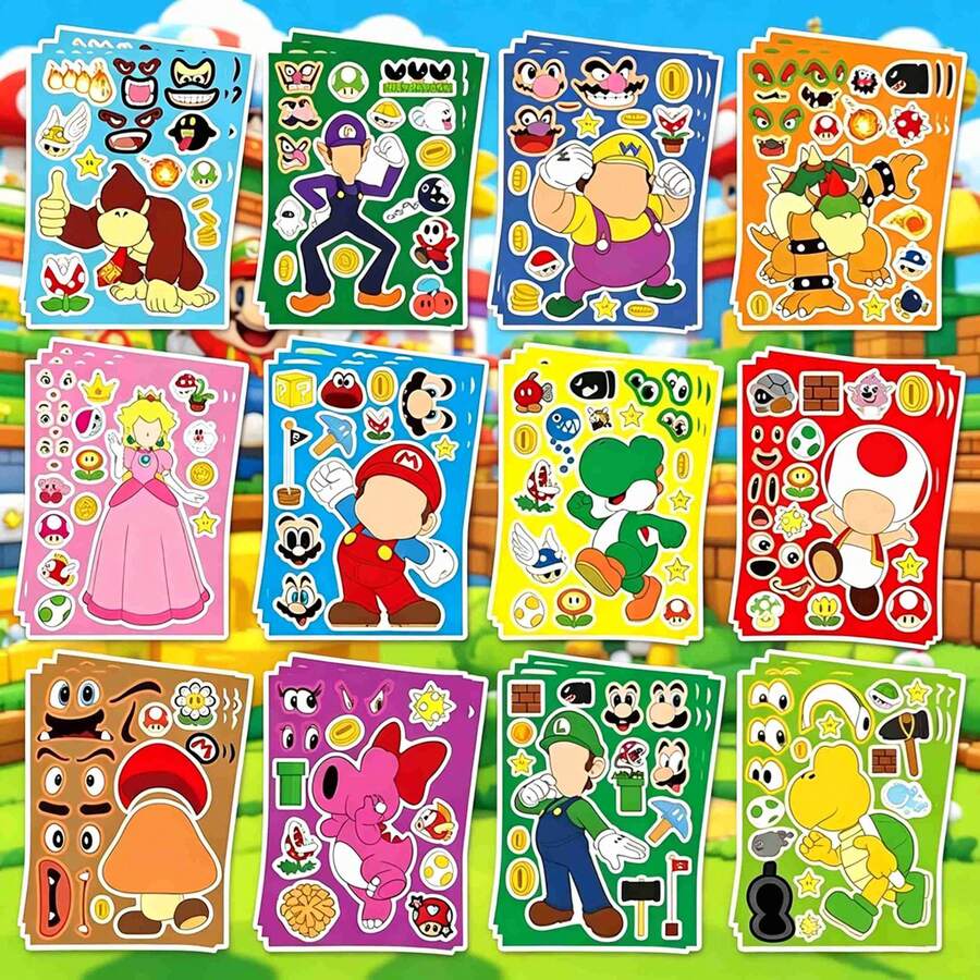 SUPER MARIO BROS. 1set/12pcs S-Uper Children's Cartoon Stickers DIY Party Supplies Handmade Stickers, The Perfect Holiday Gift For Boys And Girls(Stochastic Style) - Multicolor - View 1