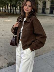 Fashionable Women's Brown Polyester Short Jacket, Velvet-Like Touch, Collar And Zipper Closure, Suitable For Autumn - Brown - View 2