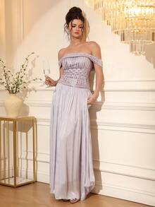 Elegant Women's Light Purple, Heavy Beaded Embroidery, Off-Shoulder Long Evening Dress - Mauve Purple - View 7