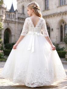 Tween Girl Backless Studded Pearl Midi Dress, Embroidered Floral Sequin Mesh Skirt, Princess Dress For Teens, Flower Girl Wedding Party Formal Gown - White - View 6