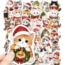 50Pcs Xmas Cute Cat Vinyl Stickers, Holiday Santa Hat Cat Animal Decals, Winter Festive Kitty Graphic Print, Waterproof For Bottle, Notebook, Suitcase, Journal, Scrapbooking - Multicolor - View 2