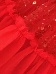 Girls Elegant Luxury Red Bow Sequin Short Mesh Dress, Princess Dress For Ball, Birthday Party, Christmas - Red - View 8