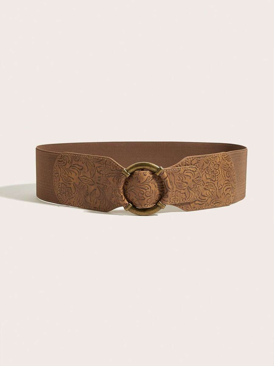 1pc Women's Basic Vintage Round Buckle Elastic Waist Belt Suitable For Dresses - Brown - View 1