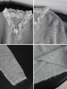 Women's Fashion Long Sleeve Knit Pullover Sweater, Elegant Lace Trim V-Neck Design, Winter Warm Outfit Choice - Grey - View 9
