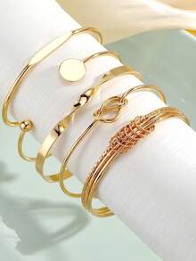 5pcs/Set Vintage Elegant Fashion Smooth Geometric Open Bangles, Women's Minimalist Bracelets, Suitable For Daily, Party, Vacation And Multiple Occasions, Gift - Gold - View 2