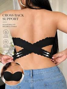 Women's Plus Size Strapless Wireless Bra, Wavy Edge Non-Slip Support Bandeau Bra, Smooth Molded Cups, Suitable For Off-Shoulder Tops And Dresses - Black - View 1