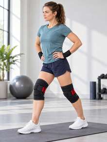 1set,Adjustable Sports Knee Sleeves With Side Stabilizers And Wrist Wraps Set, Breathable Neoprene Knee & Wrist Guards For Weightlifting Basketball Volleyball Workout Training For Men Women - Multicolor - View 6