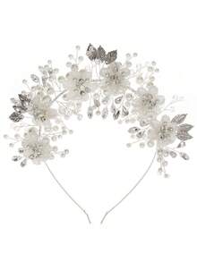 1pc Handmade Faux Pearl & Rhinestone Floral Bridal Headband, Elegant Crystal Leaf Crown Tiara Wedding Hair Accessories For Bride Prom - Multicolor - View 10