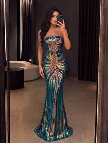 Women's Elegant Strapless Long Evening Gown With Contrasting Sequin Decor And Mermaid Tail Hem - Dark Green - View 4