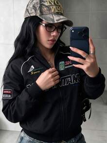 Women's Winter Outdoor Jacket, Casual Racing Style Women's Jacket, Embroidered Pattern Design, Street Sports Autumn Jacket, Gym Jacket Outfit, Christmas Gift For Girlfriend, Loose Fit Women's Jacket - Black - View 2