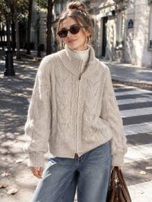 Women Oat Heather Turtleneck Zip Up Cable Knit Cardigan, Christmas Holiday Outfit Top, Fall Winter Loose Sweater For Outdoor & Commute - Apricot - View 1