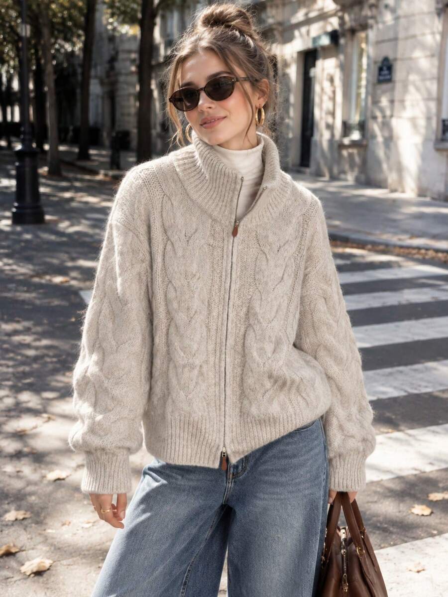 Women Oat Heather Turtleneck Zip Up Cable Knit Cardigan, Christmas Holiday Outfit Top, Fall Winter Loose Sweater For Outdoor & Commute - Apricot - View 1