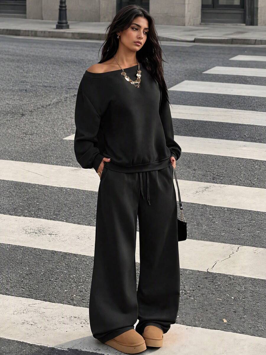 GLOpass Casual Solid Color Off-Shoulder Loose Sweatshirt And Pants Two Pieces Set For Women, Versatile For Daily Wear, Autumn/Winter Black Spring Elegant - Black - View 1