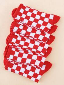1/5 Pairs Unisex Red & White Plaid Y2K Mid-Calf Socks, Casual Fashion, High Elasticity & Breathable, Comfortable & Soft, Suitable For Year-Round Commuting, Perfect For Sports & Running Outfits - Multicolor - View 5
