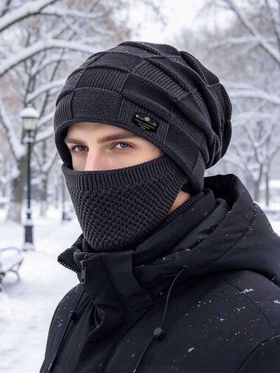 2PCS Unisex Autumn/Winter Thermal Lined Knitted Hat & Mask Set, Fashionable Versatile Warm Woolen Beanie Set Suitable For Outdoor Cycling - Multicolor - View 1